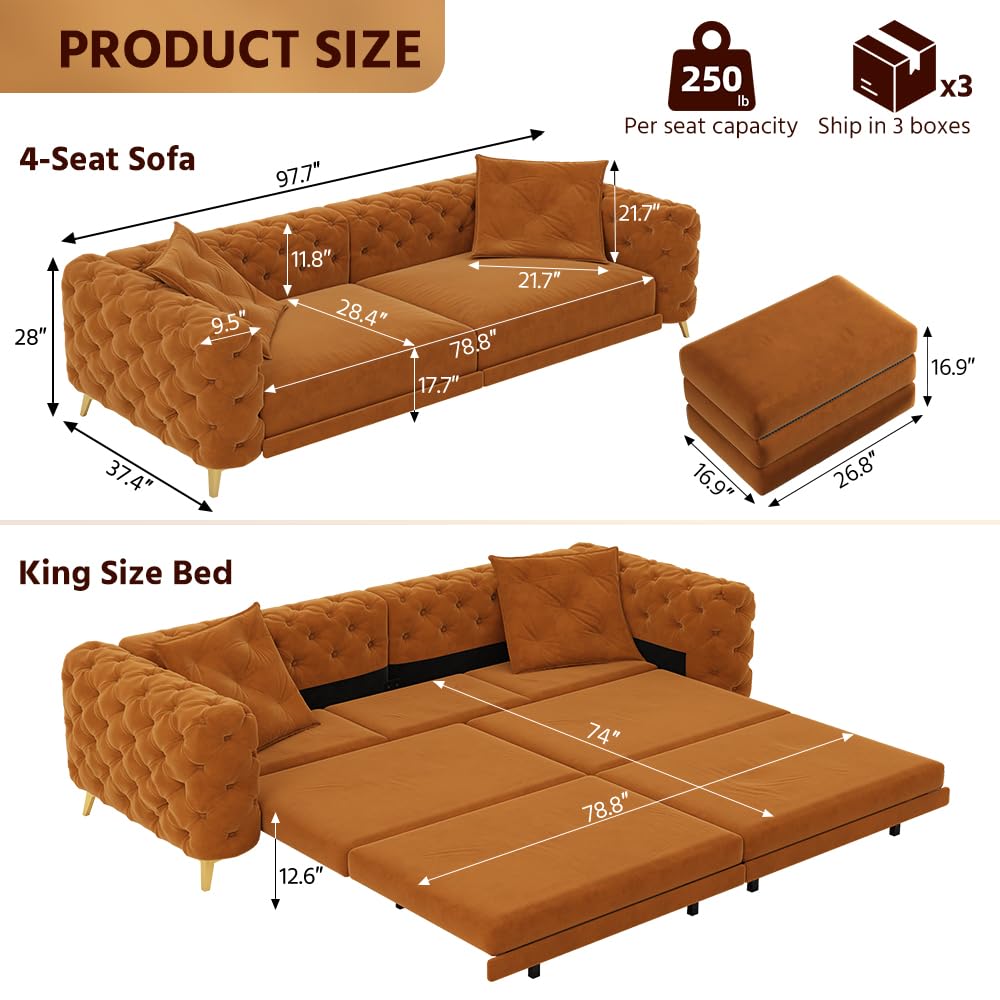 Orange Velvet Convertible Sleeper Sofa with Ottoman Q943