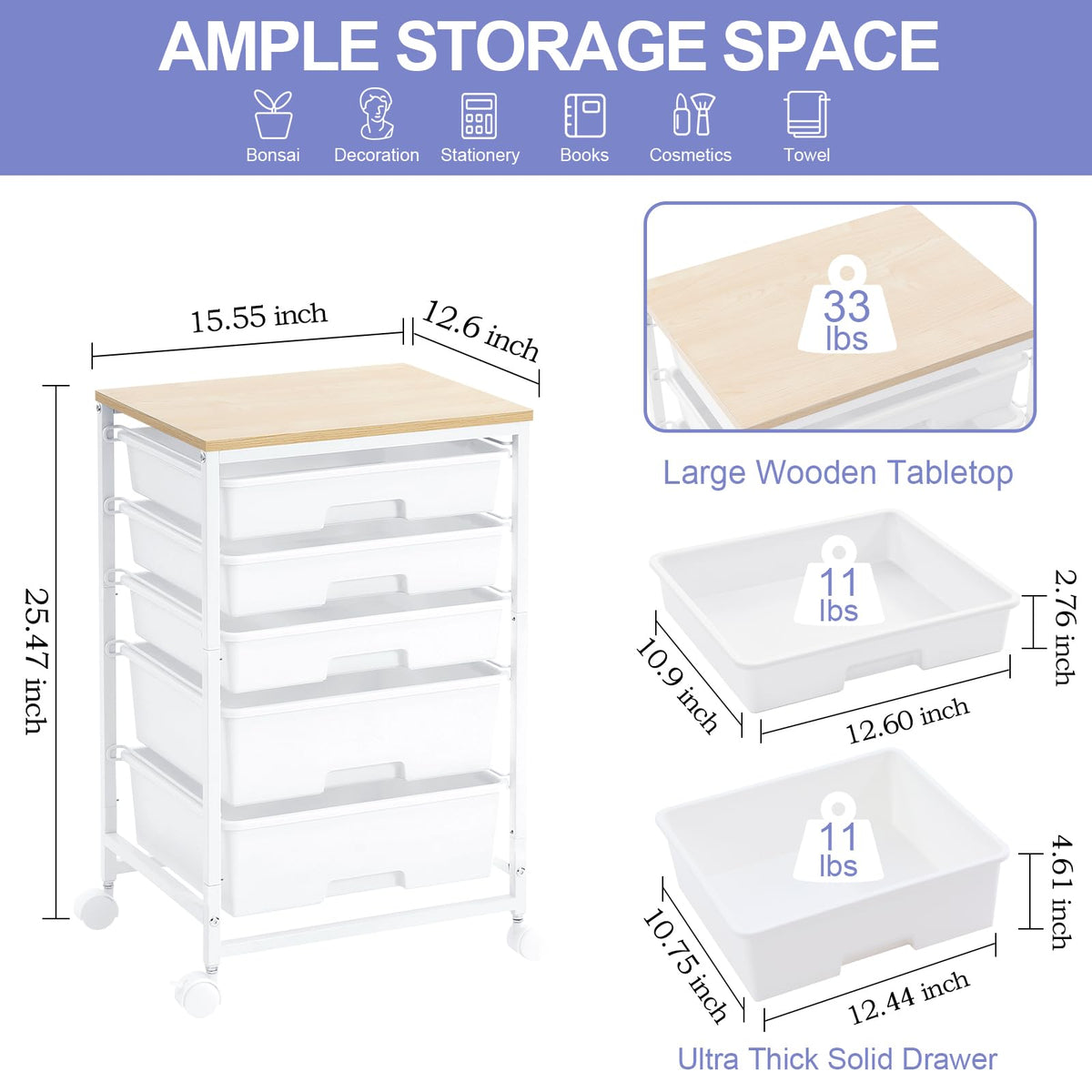 Rolling Cart with 5 Drawers Bright White W7170