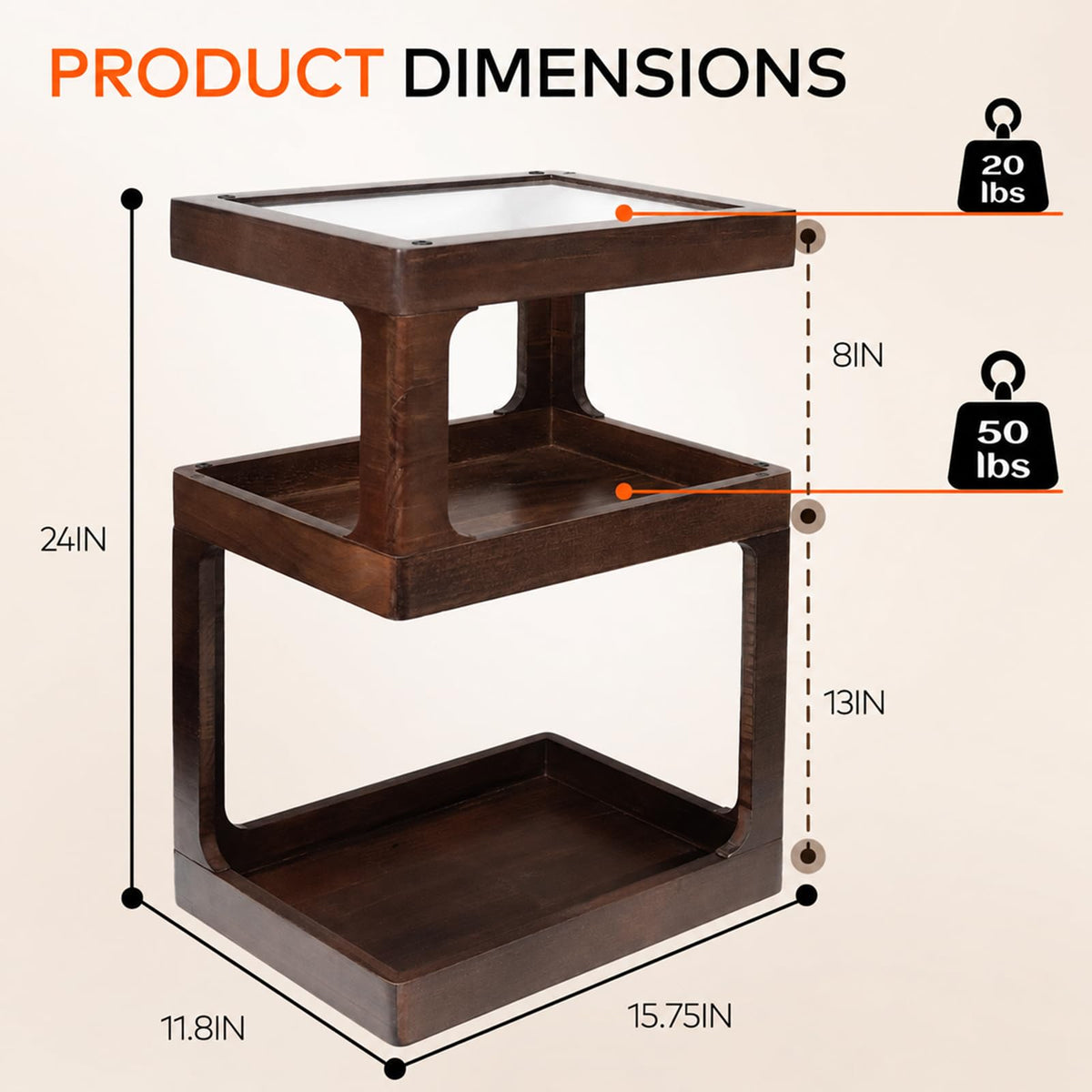 Solid Wood 3 Tier Brown Side Table O265753