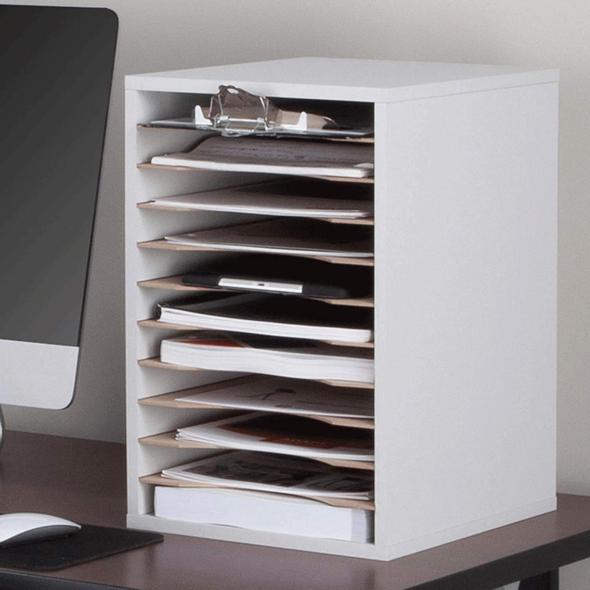 11 Compartment Gray Wood Literature Organizer Y57029