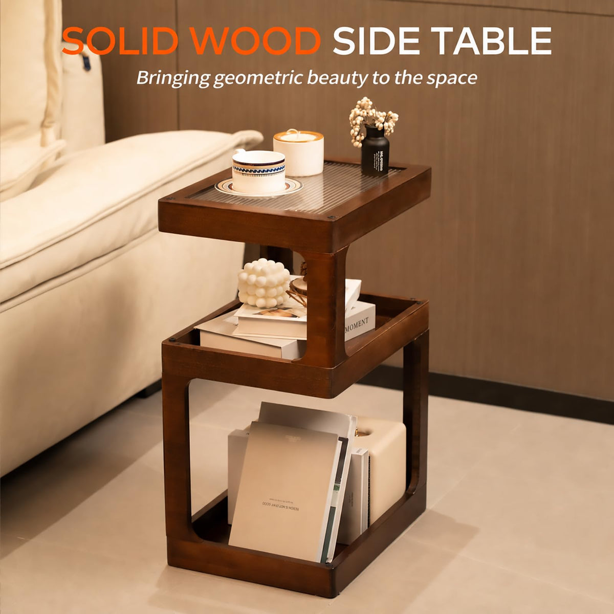 Solid Wood 3 Tier Brown Side Table O265753