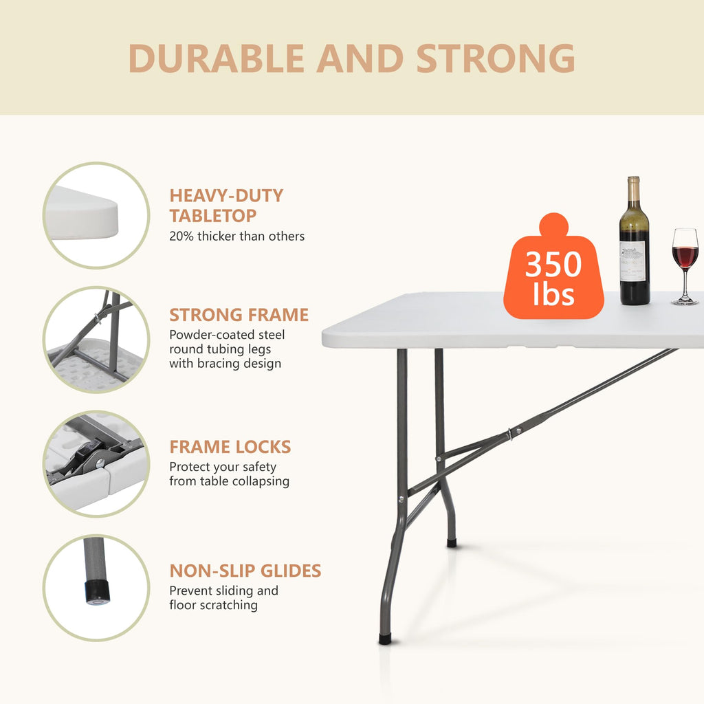 6 ft Heavy Duty Plastic Folding Table with Steel Legs, White X69171
