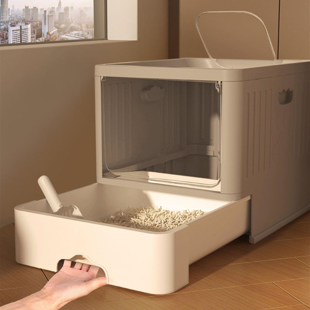 Cat Litter Box with Scoop, Large Top Entry Anti-Splashing with Lid, Enclosed Plastic, Drawer Type C7646