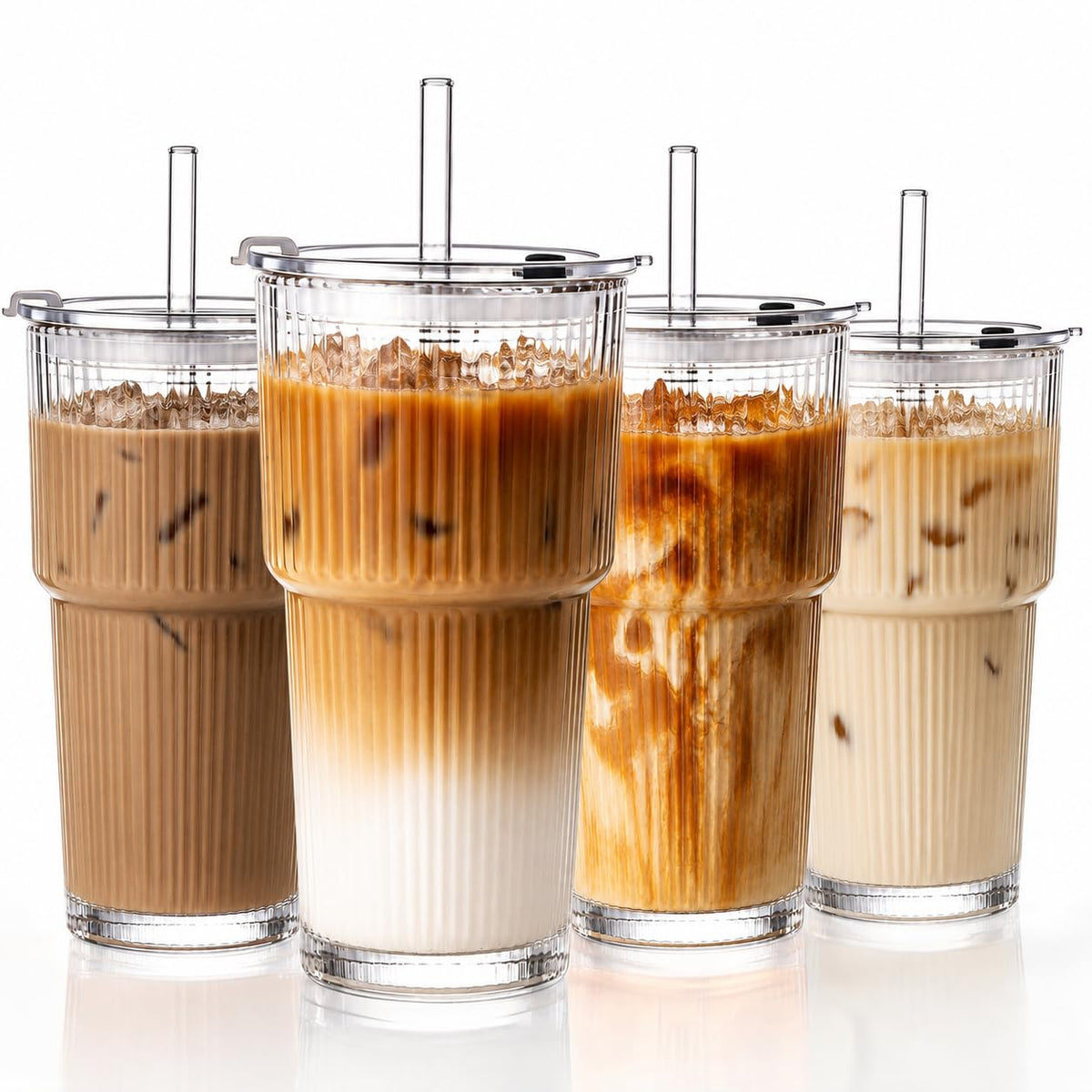 20oz Ribbed Glass Cups with Lids and Straws M855829