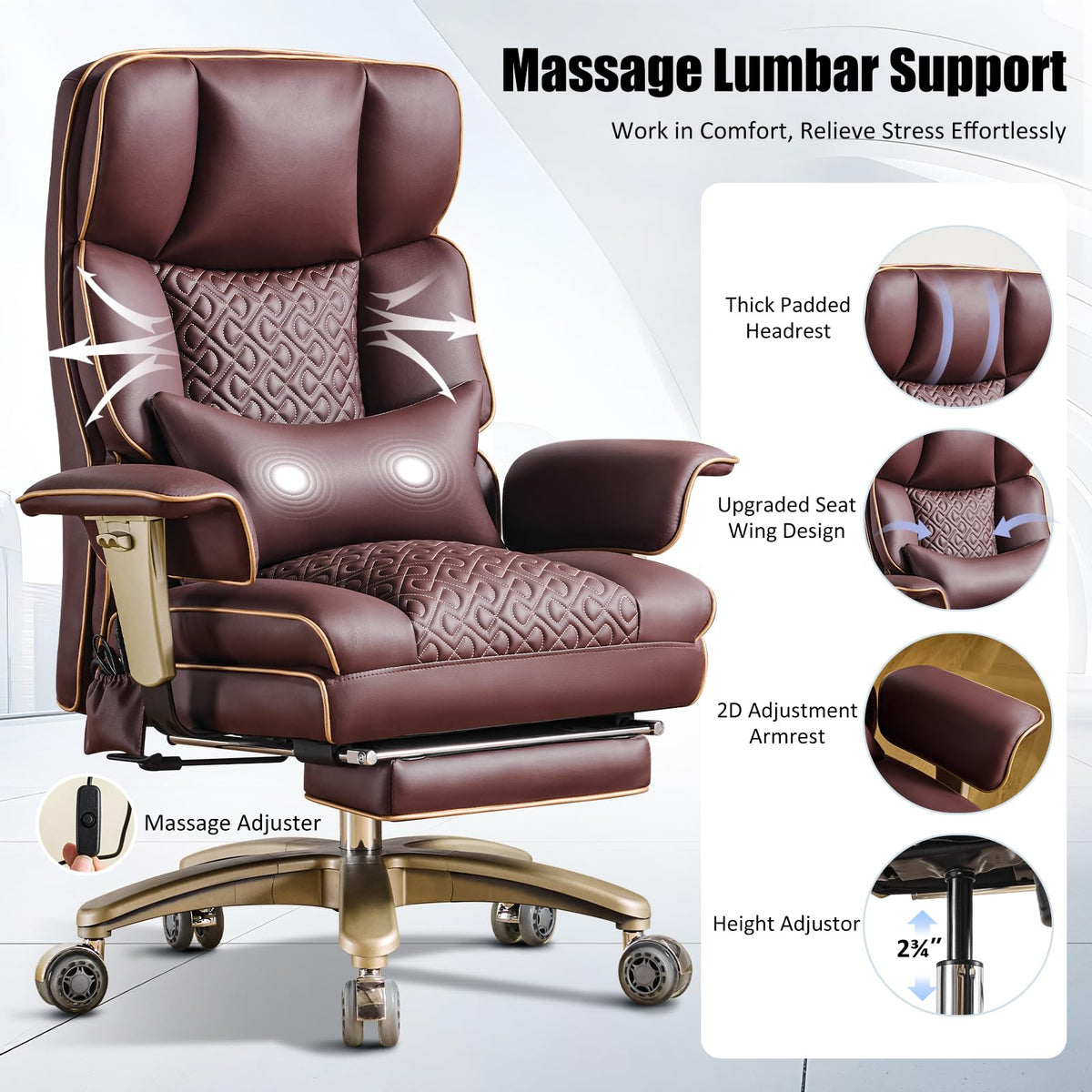 Brown Ergonomic PU Leather Executive Office Chair with Footrest W336