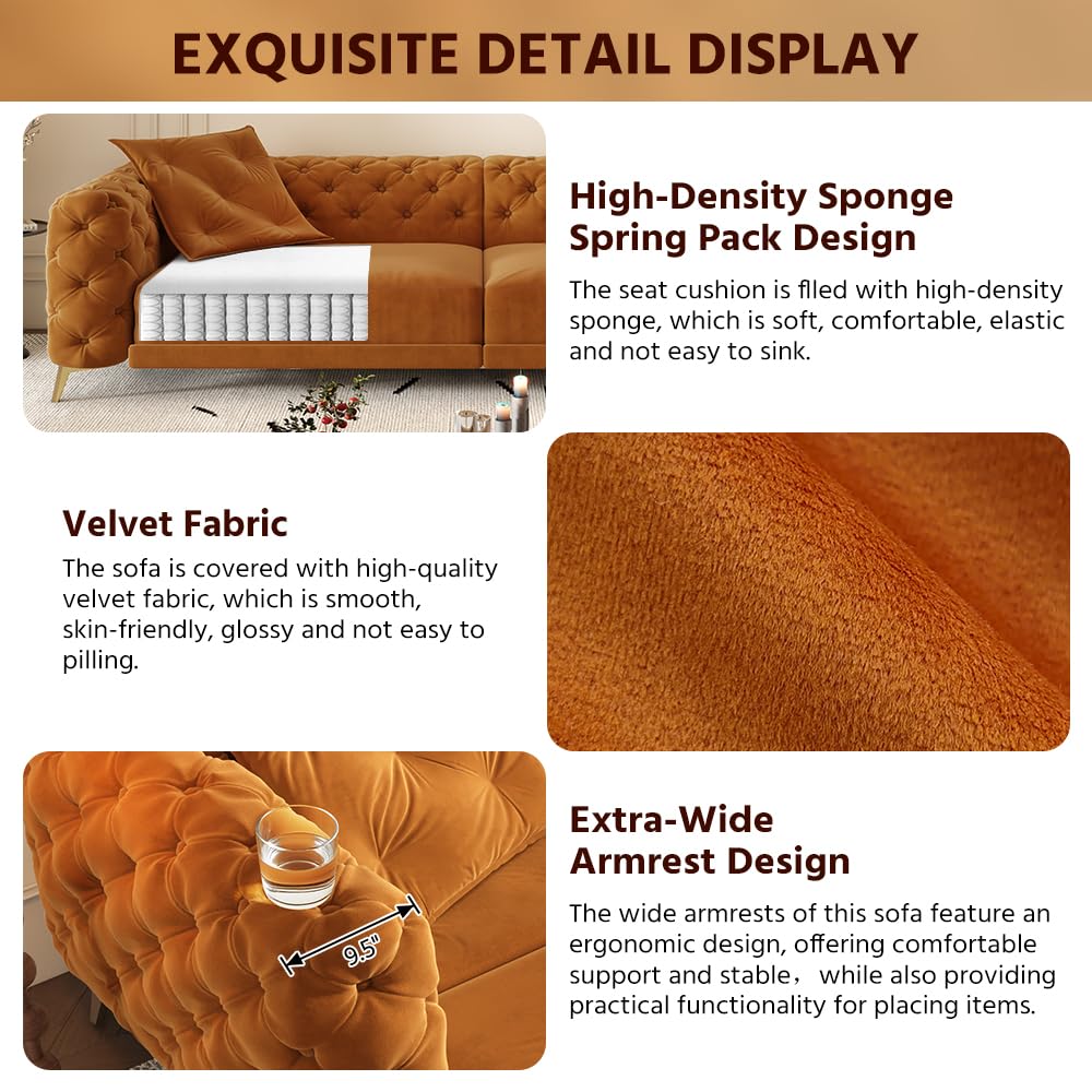 Orange Velvet Convertible Sleeper Sofa with Ottoman Q943