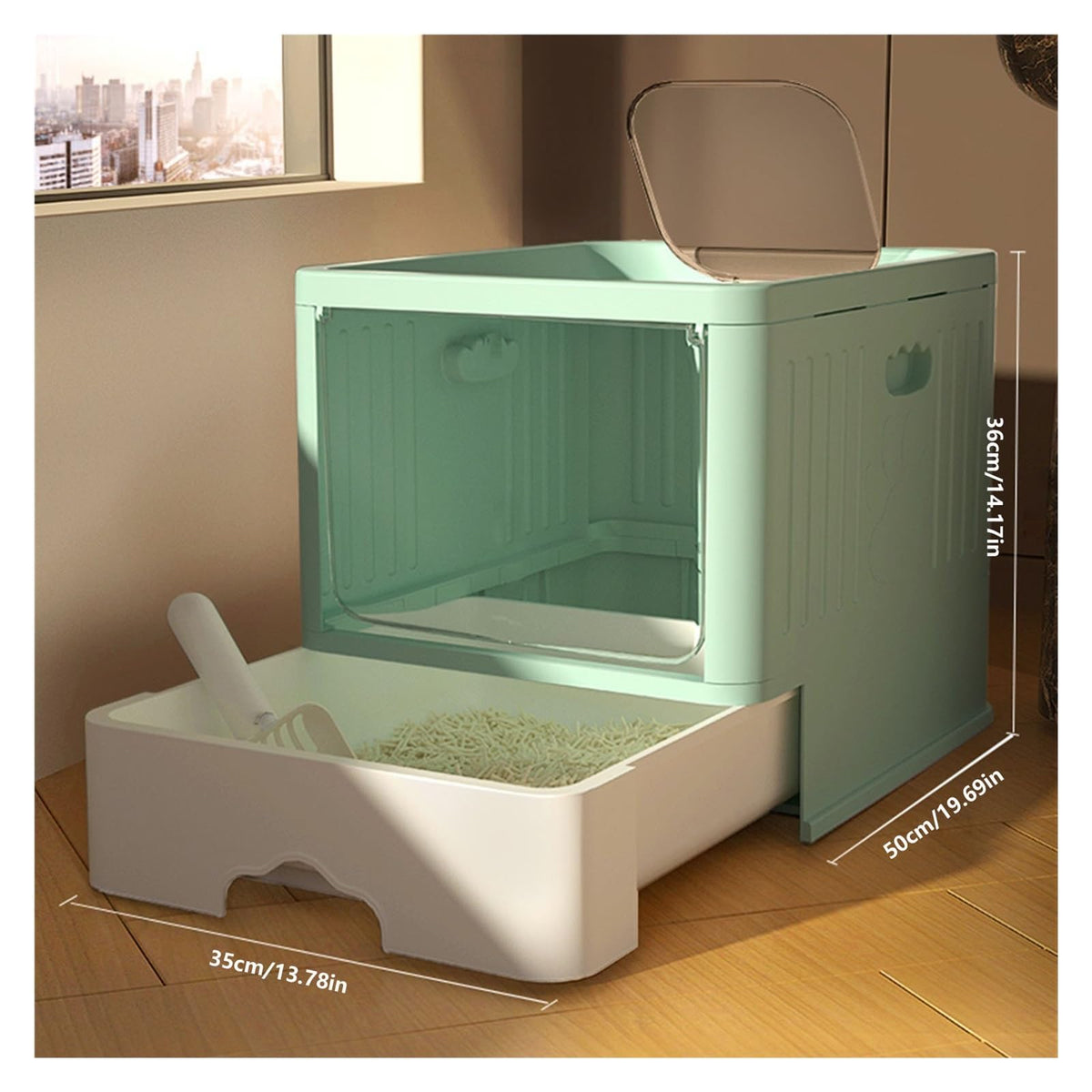 Cat Litter Box with Scoop, Large Top Entry Anti-Splashing with Lid, Enclosed Plastic, Drawer Type C7646