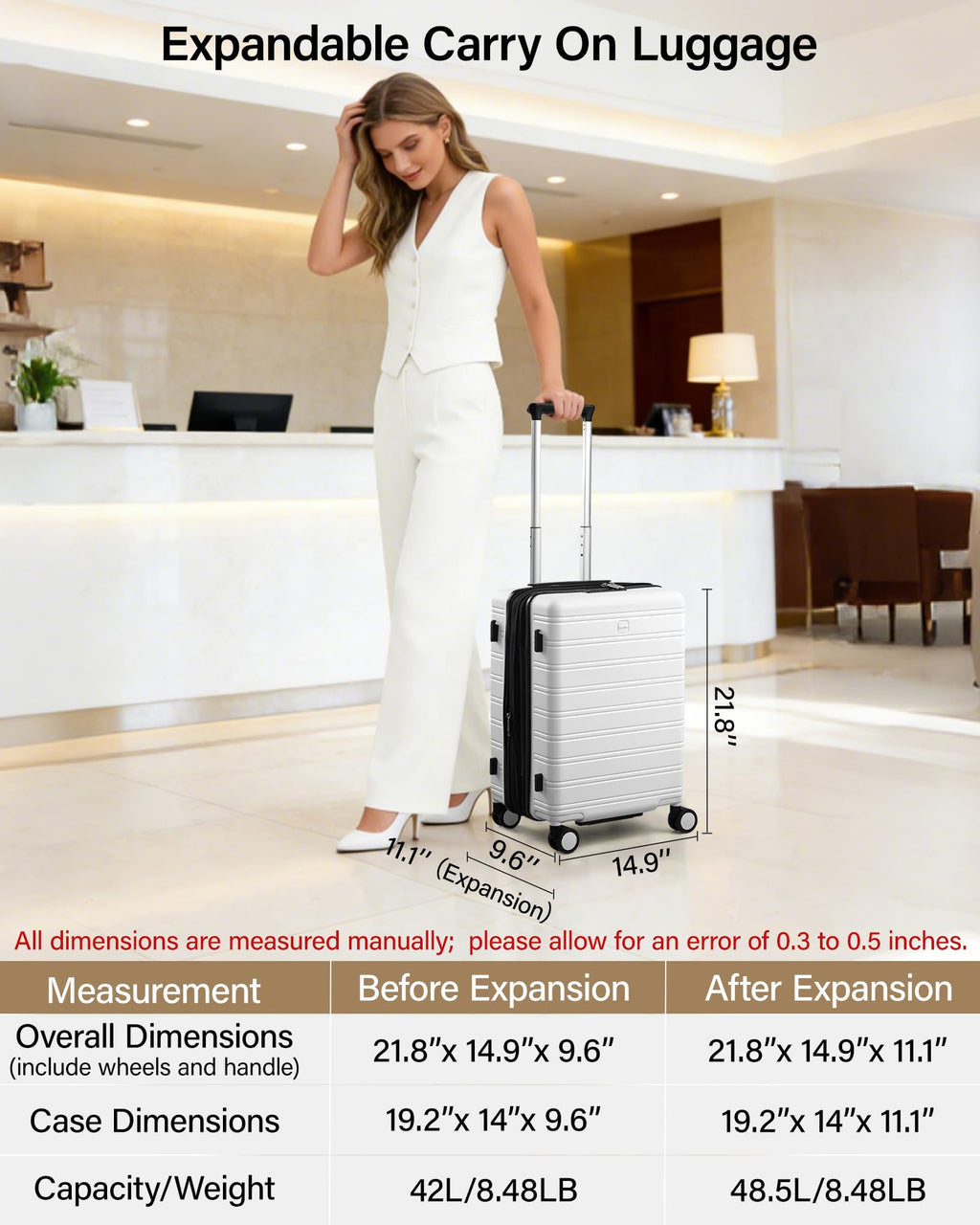20-Inch Hardside Expandable Carry-On Luggage Suitcase, White G161