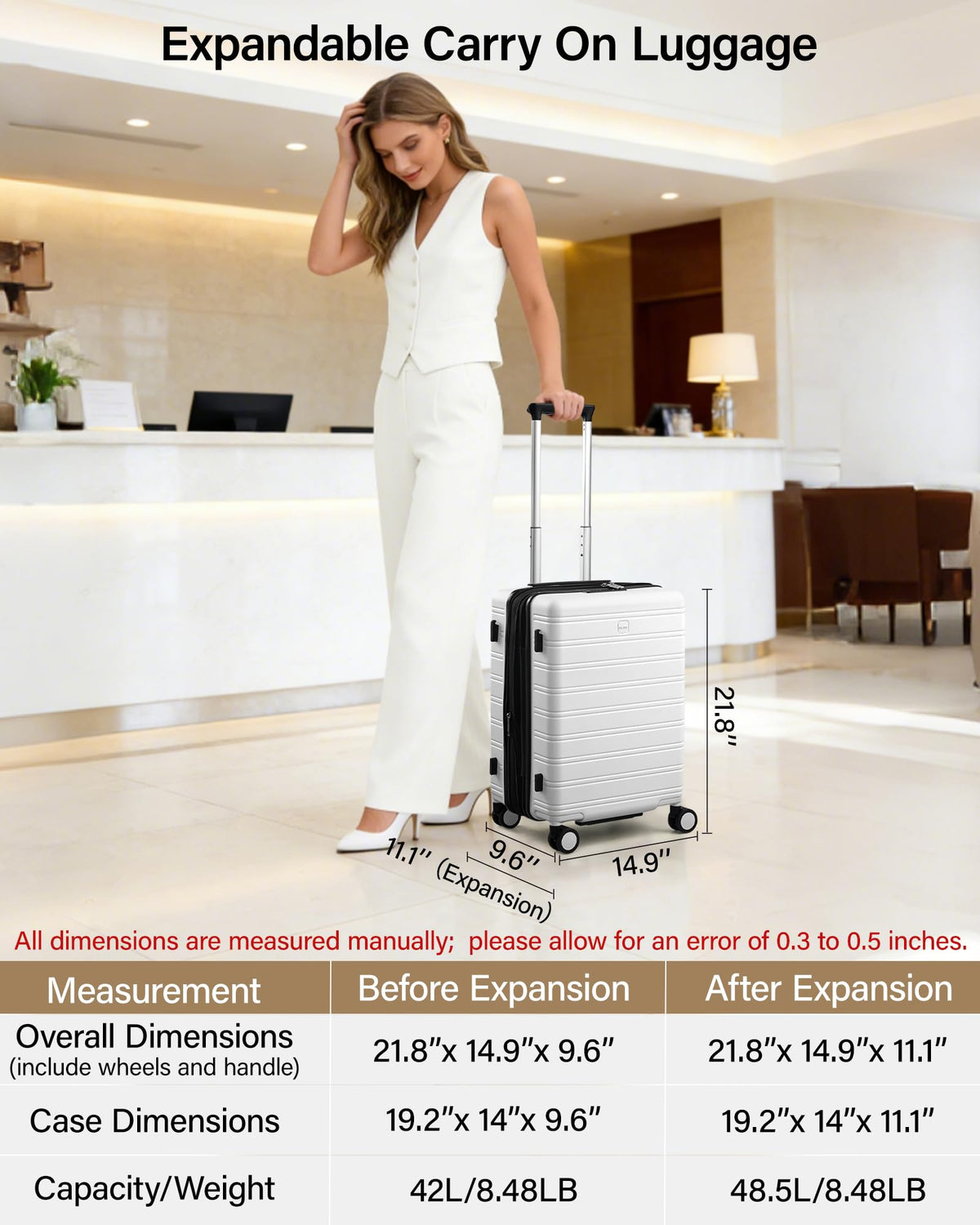 20-Inch Hardside Expandable Carry-On Luggage Suitcase, White G161
