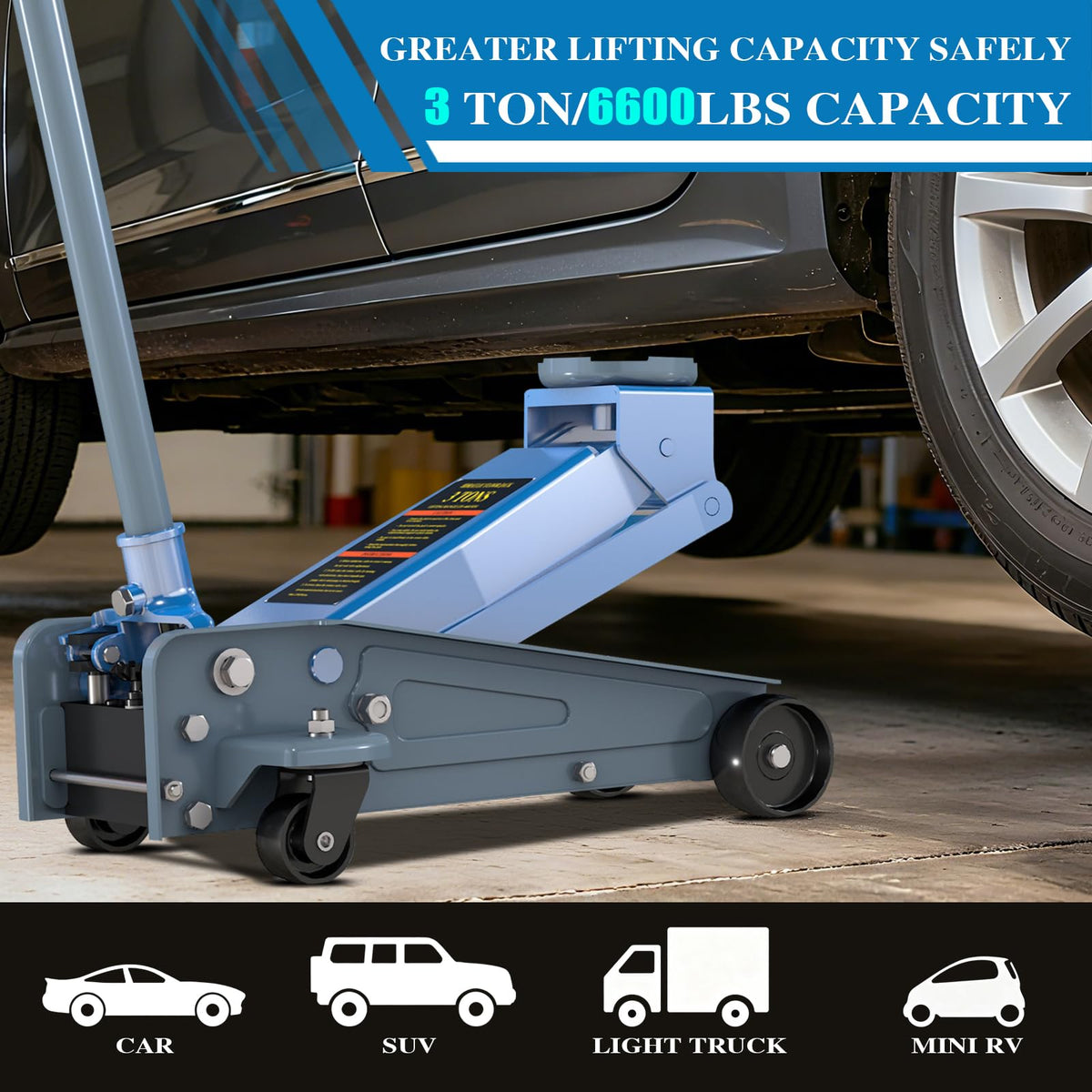 3 Ton Carbon Steel Floor Jack with Wheels B306706