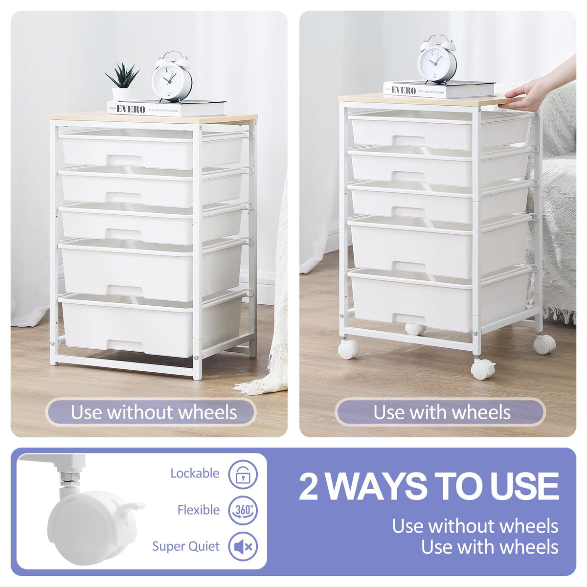 Rolling Cart with 5 Drawers Bright White W7170