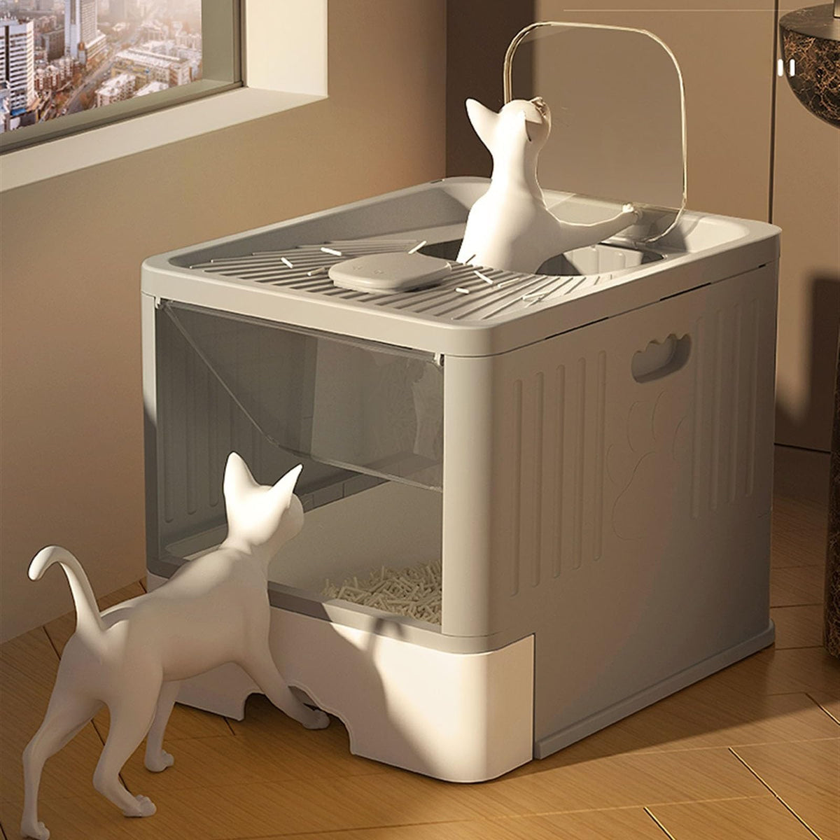 Cat Litter Box with Scoop, Large Top Entry Anti-Splashing with Lid, Enclosed Plastic, Drawer Type C7646
