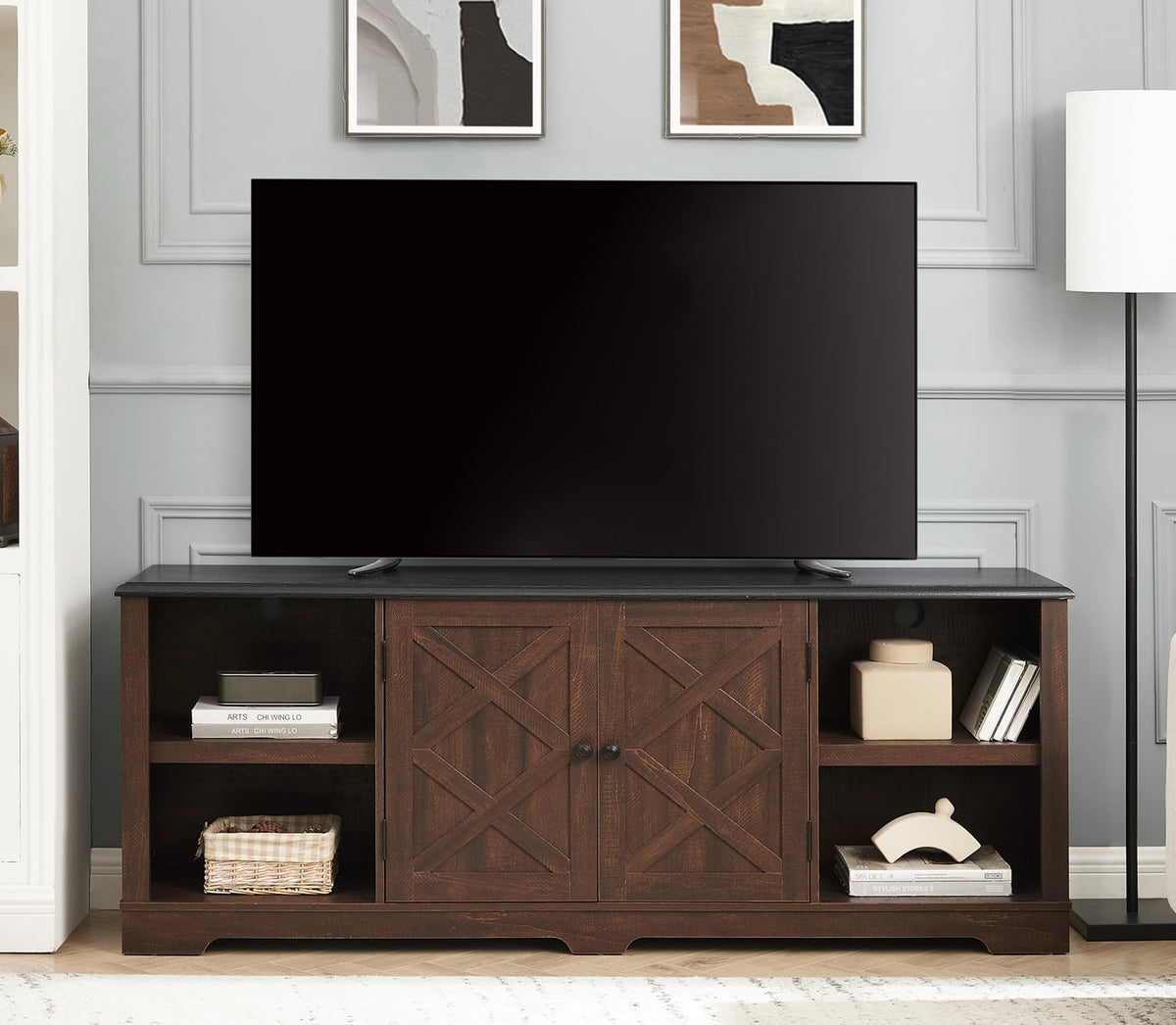 Espresso and Black TV Media Stand with Open Shelves and Closed Cabinets N120