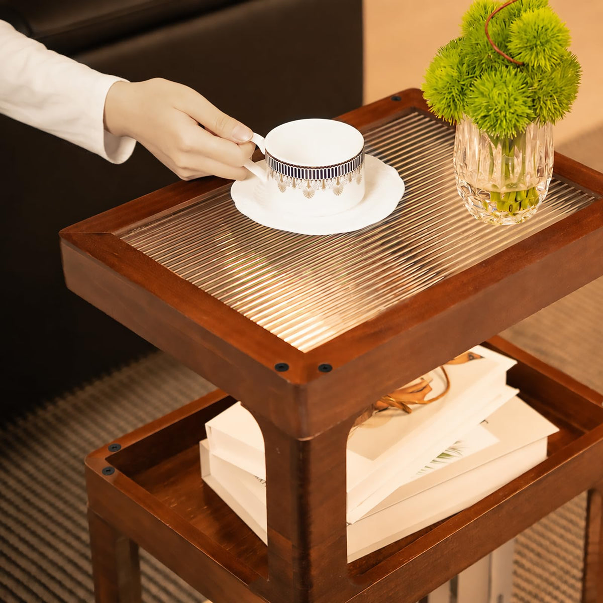 Solid Wood 3 Tier Brown Side Table O265753