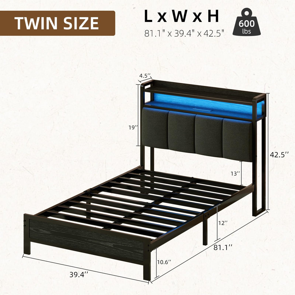 Dark Grey Twin Bed Frame with LED Lights and Charging Station G369