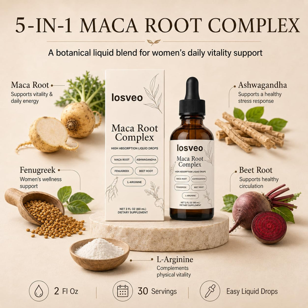 Maca Root Complex Liquid Drops with Ashwagandha, Fenugreek, Beet Root & L-Arginine, 2 Fl Oz Z709378