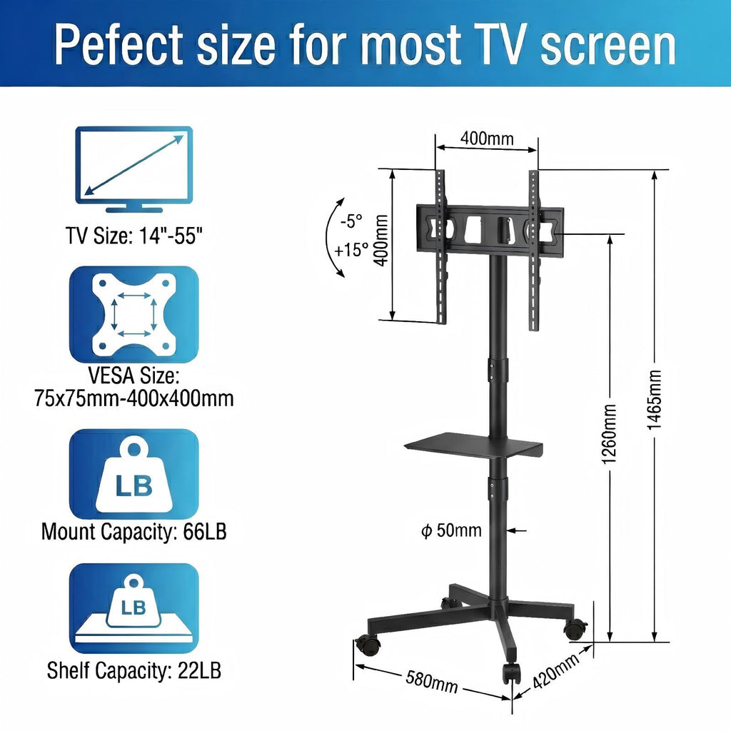 Rolling TV Stand for 14-55 Inch TV, Mobile TV Cart on Wheels, Max VESA 400x400mm, Holds 66 lbs W670