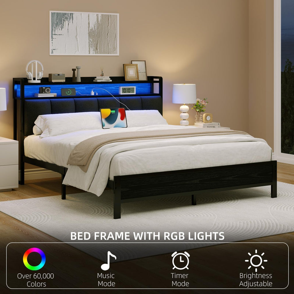 Dark Grey Twin Bed Frame with LED Lights and Charging Station G369