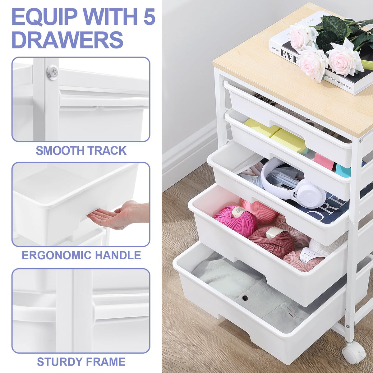 Rolling Cart with 5 Drawers Bright White W7170