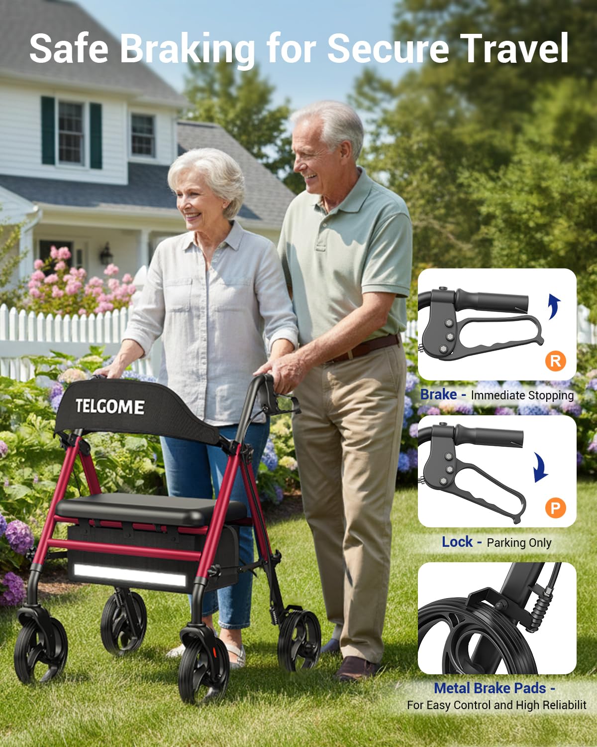 Red 350 lb Capacity Foldable Rollator Walker with Seat I5189