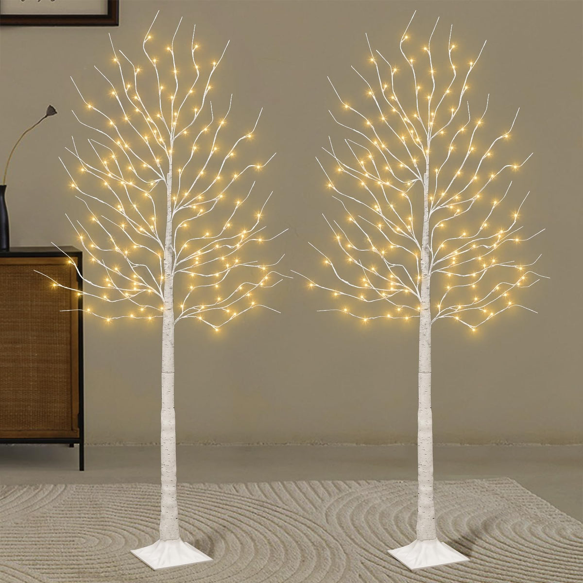 Set of 2 6 feet Lighted Birch Tree 160 LED Warm White W65025