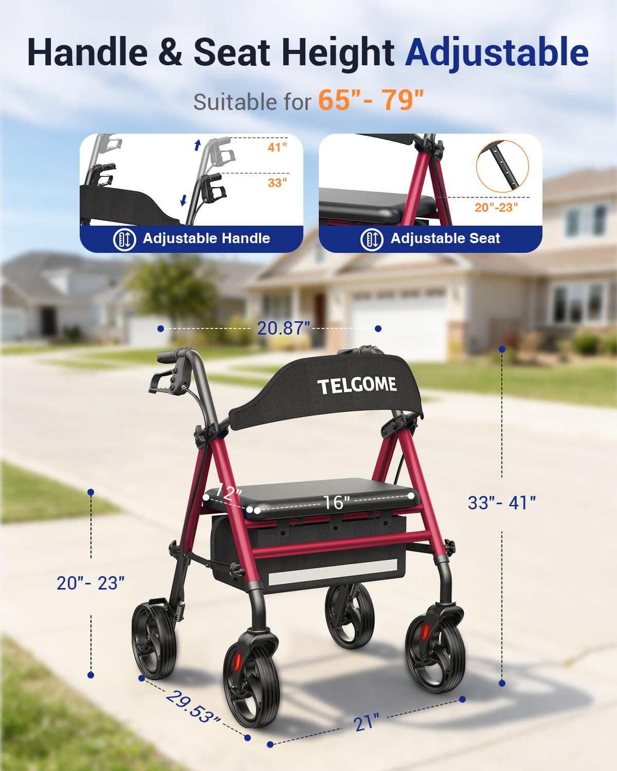 Red 350 lb Capacity Foldable Rollator Walker with Seat I5189