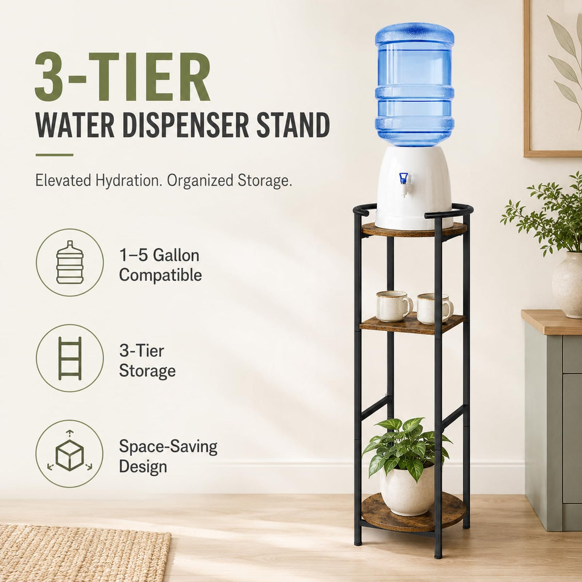 Wood 5 Gallon Water Dispenser Stand with Storage Shelf V55629