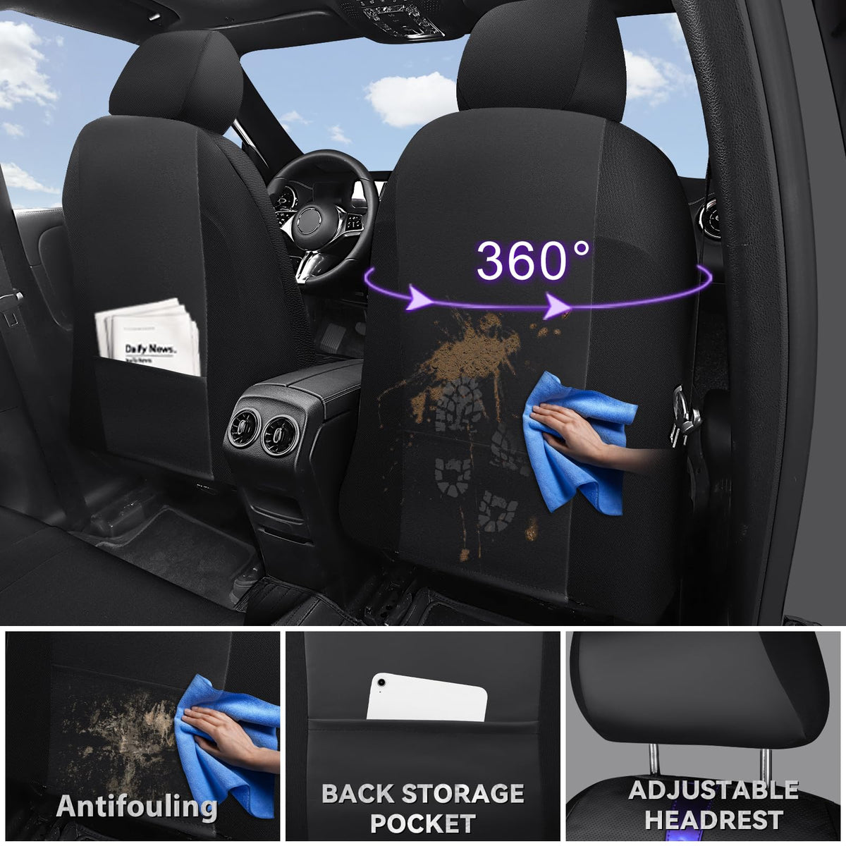 Black Nappa Leather Car Seat Covers Full Set I694974