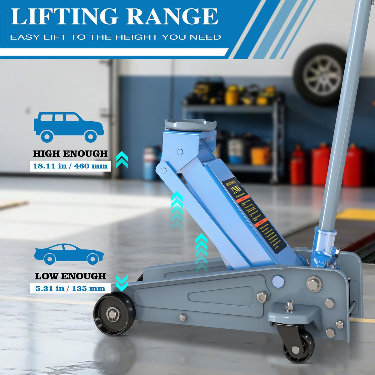 3 Ton Carbon Steel Floor Jack with Wheels B306706