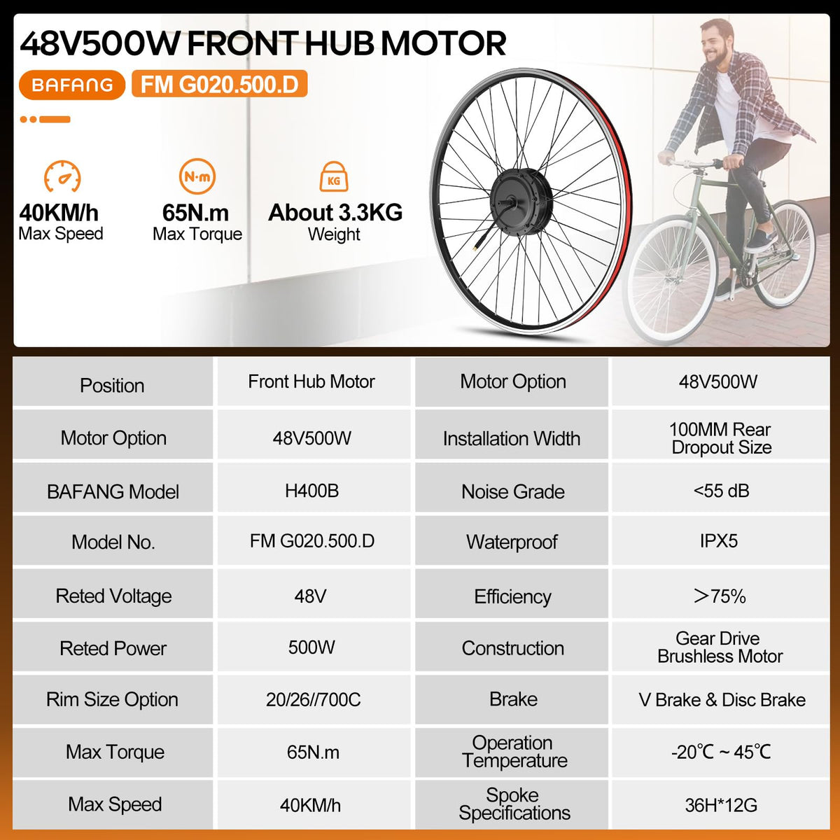 48V 500W Front Hub Motor Conversion Kit G12311