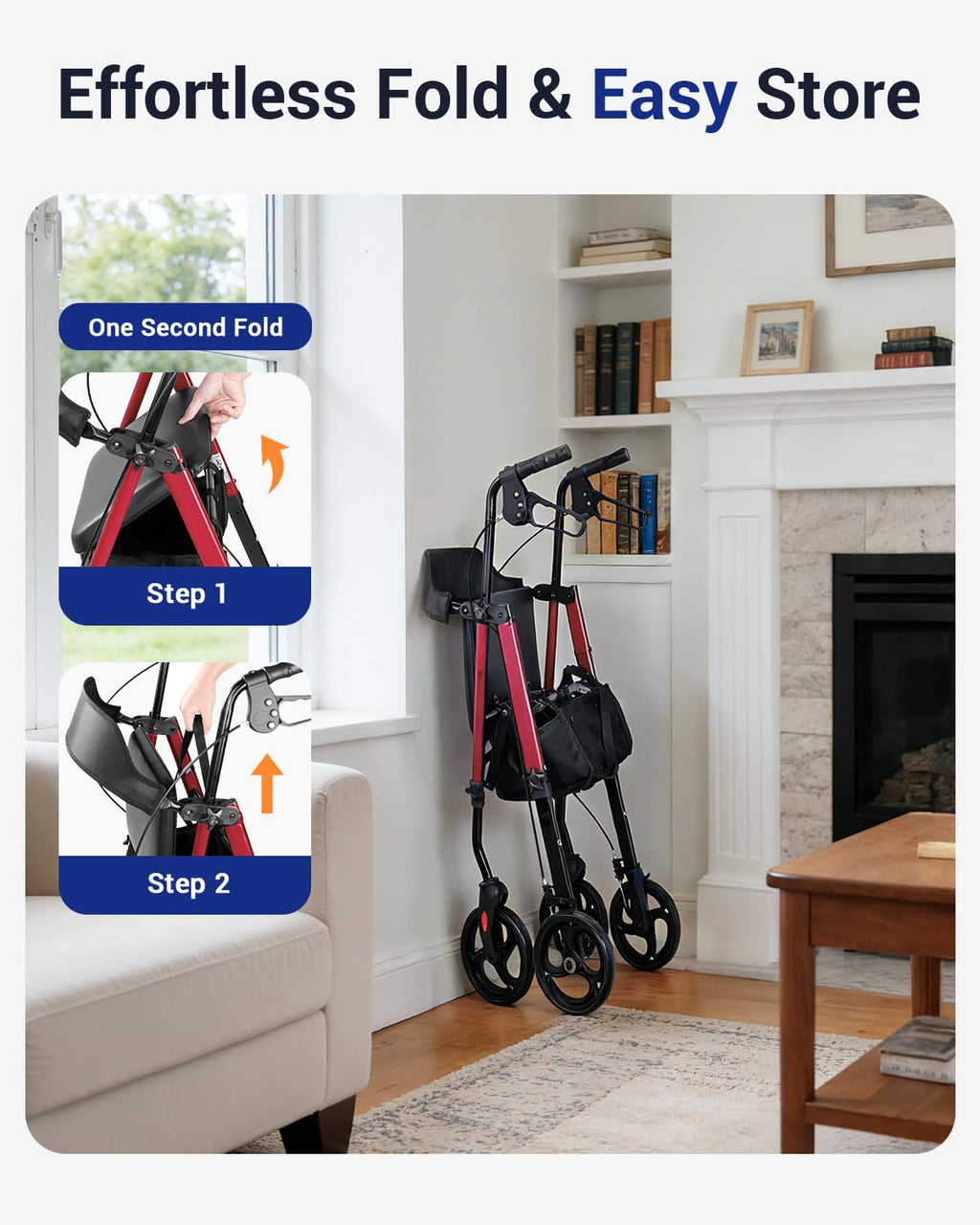 Red 350 lb Capacity Foldable Rollator Walker with Seat I5189