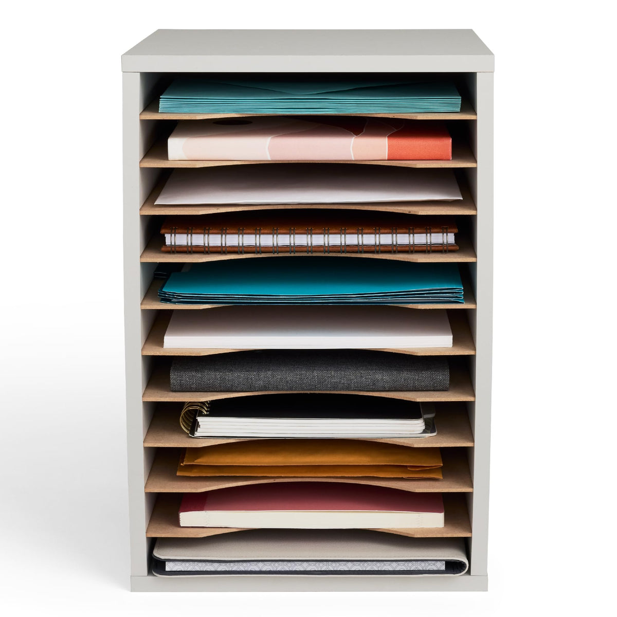11 Compartment Gray Wood Literature Organizer Y57029