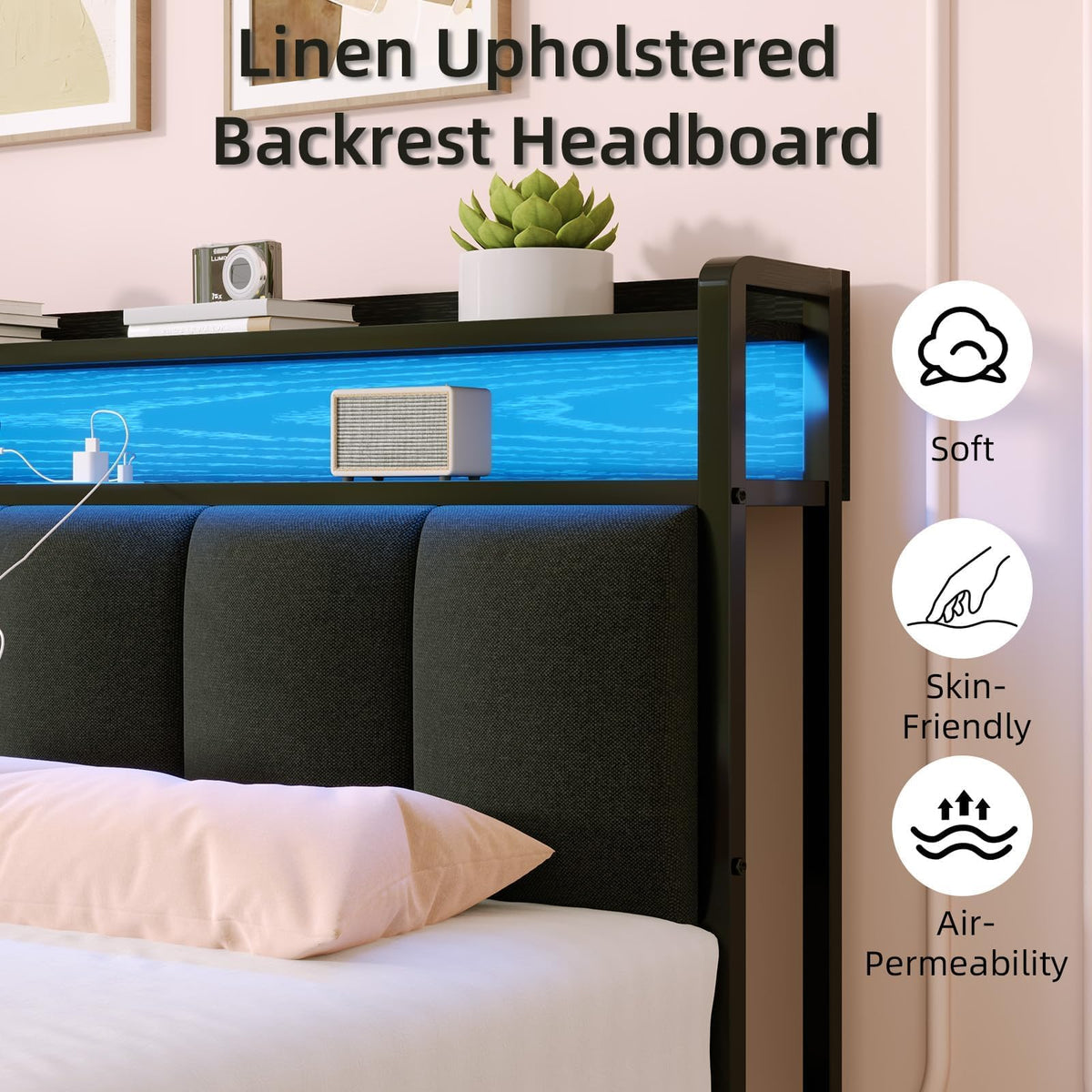 Dark Grey Twin Bed Frame with LED Lights and Charging Station G369