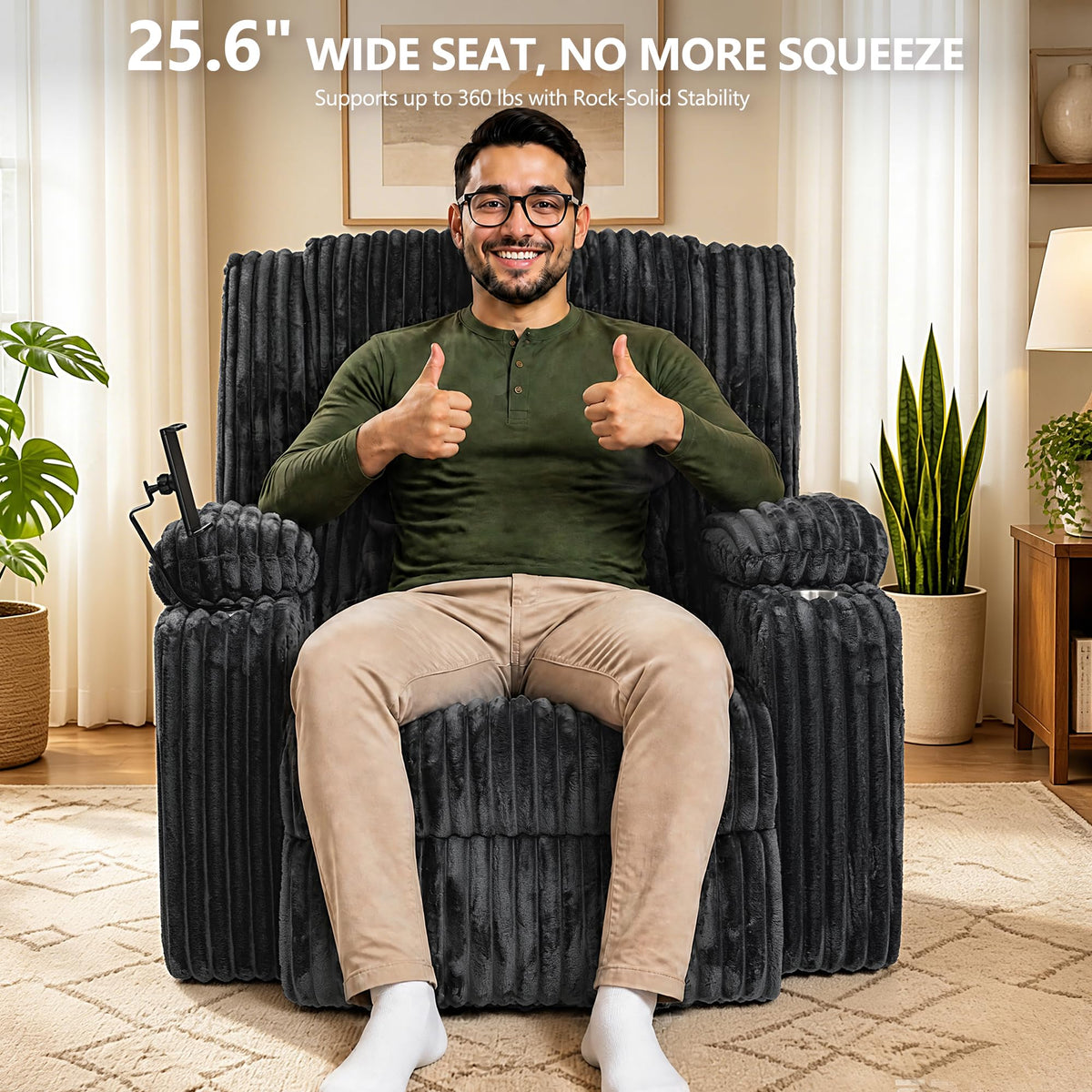 Oversized Power Swivel Rocker Recliner Chair with Vibration Massage & Heat, Dark Gray Corduroy T489299