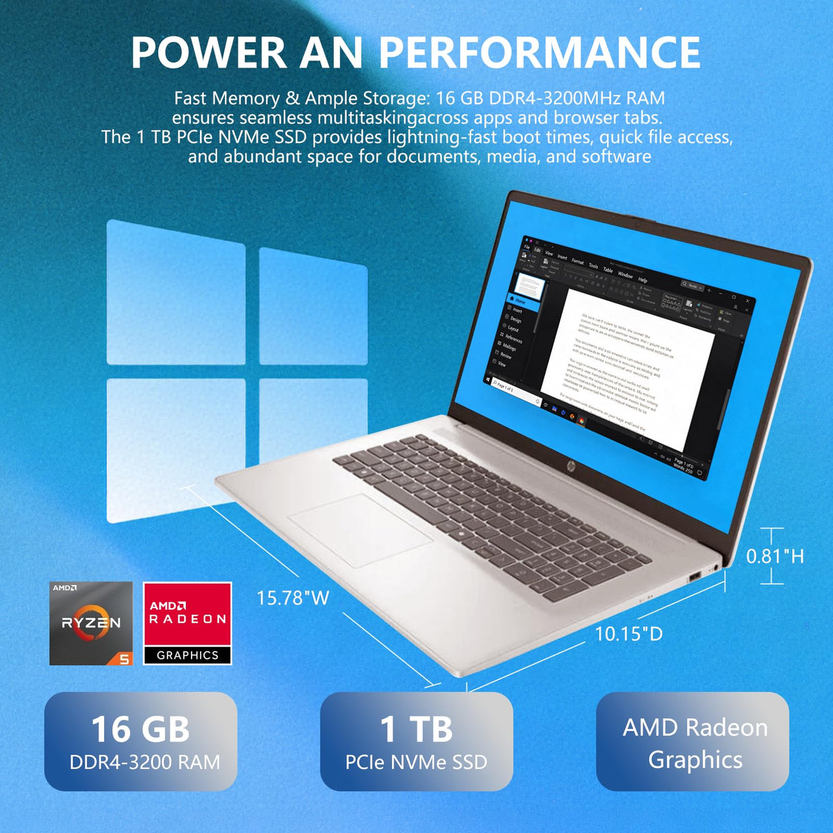17.3" FHD Laptop, 16GB RAM, 512GB SSD, AMD Ryzen 5, Windows 11 Home, Silver L87685