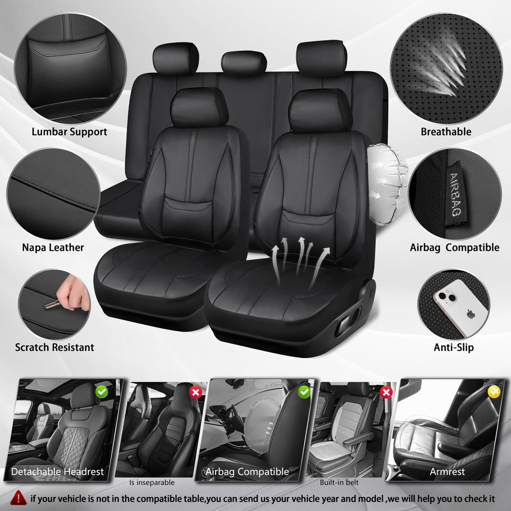 Black Nappa Leather Car Seat Covers Full Set I694974