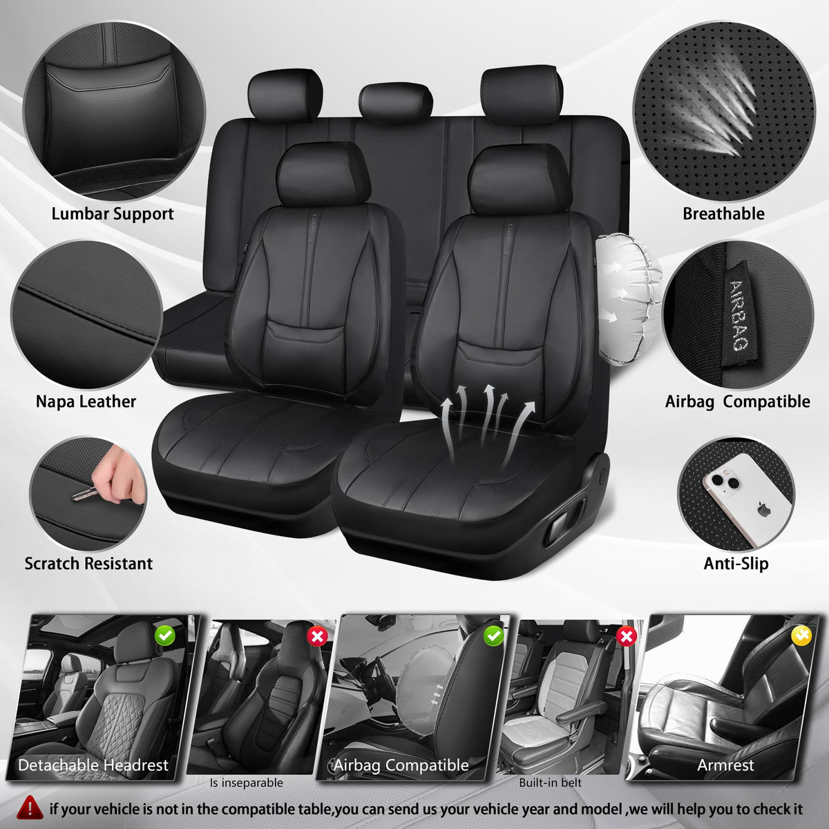 Black Nappa Leather Car Seat Covers Full Set I694974