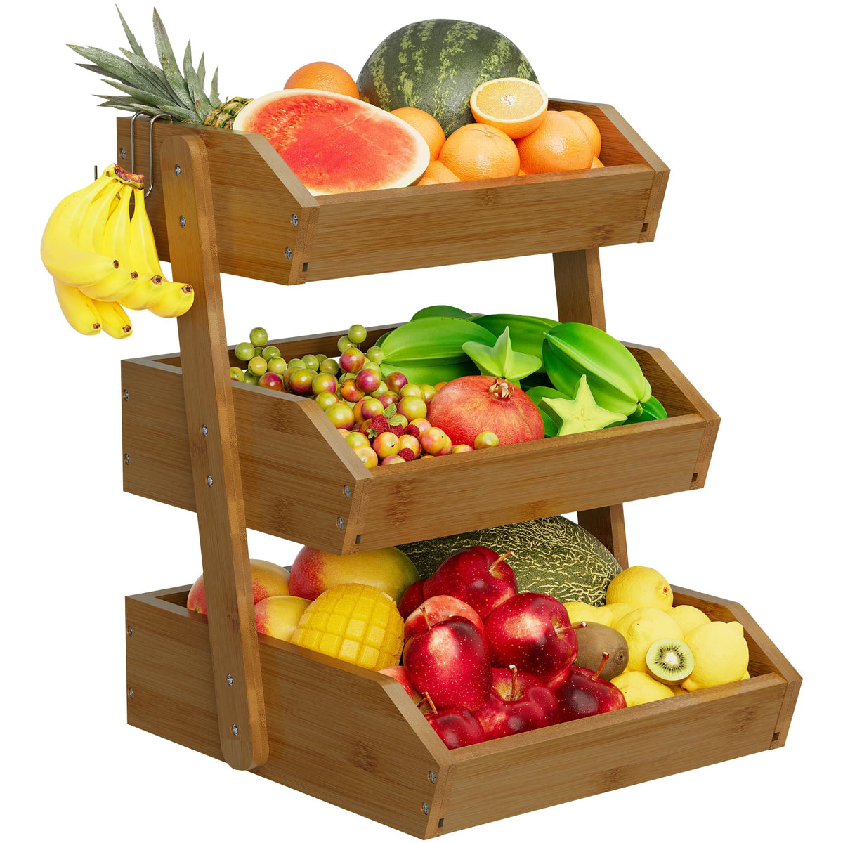 Walnut Bamboo 3 Tier Fruit Basket with 2 Banana Hangers F514