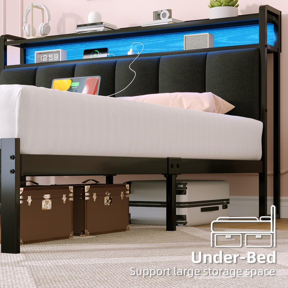 Dark Grey Twin Bed Frame with LED Lights and Charging Station G369