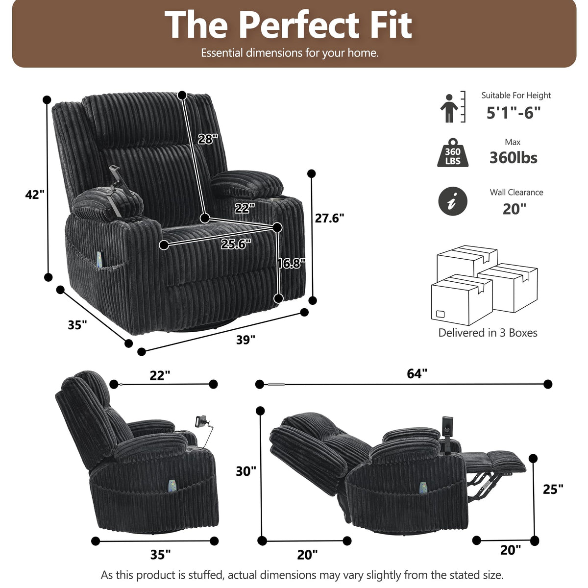 Oversized Power Swivel Rocker Recliner Chair with Vibration Massage & Heat, Dark Gray Corduroy T489299
