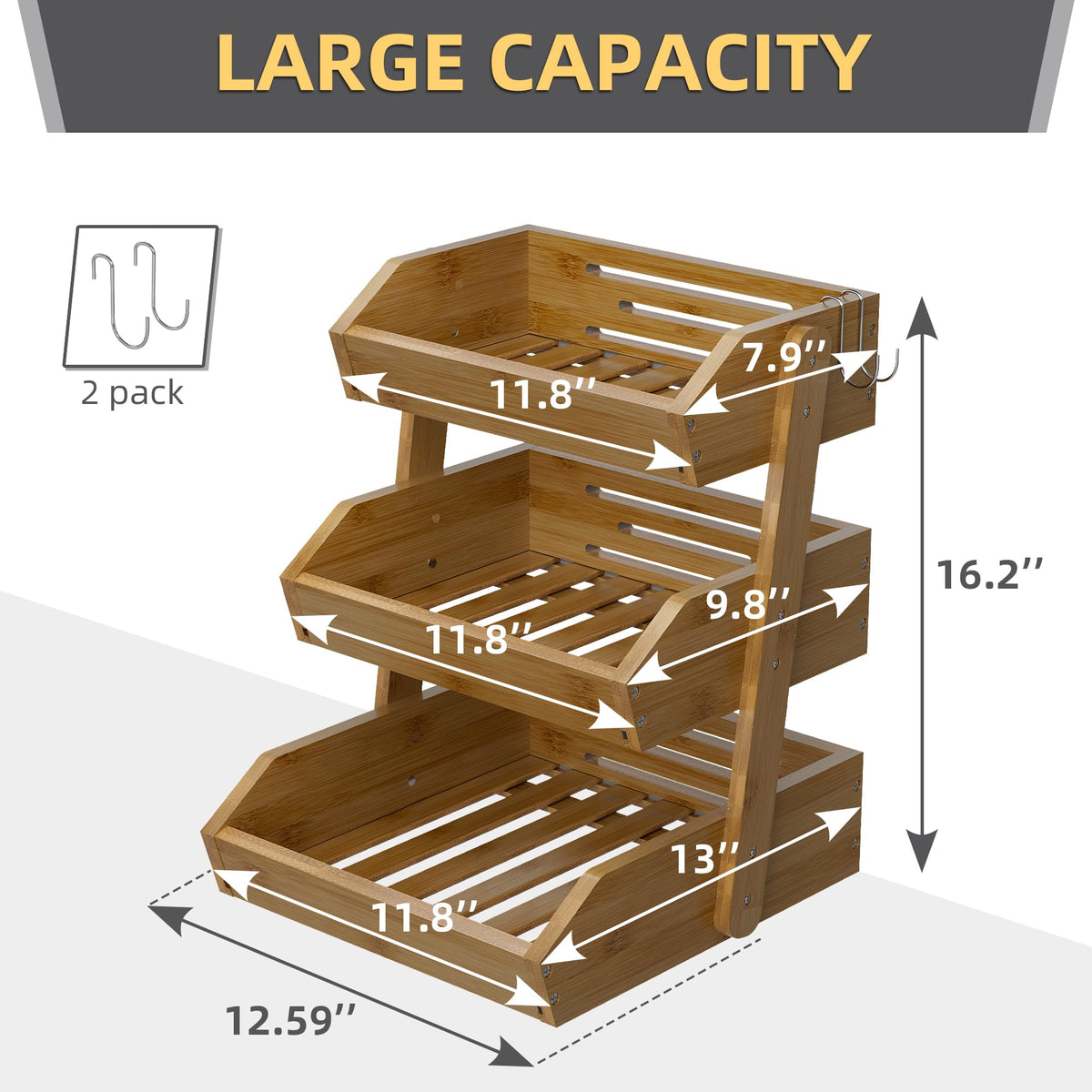 Walnut Bamboo 3 Tier Fruit Basket with 2 Banana Hangers F514