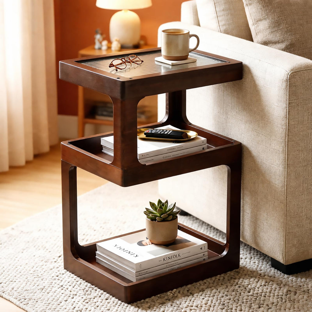 Solid Wood 3 Tier Brown Side Table O265753