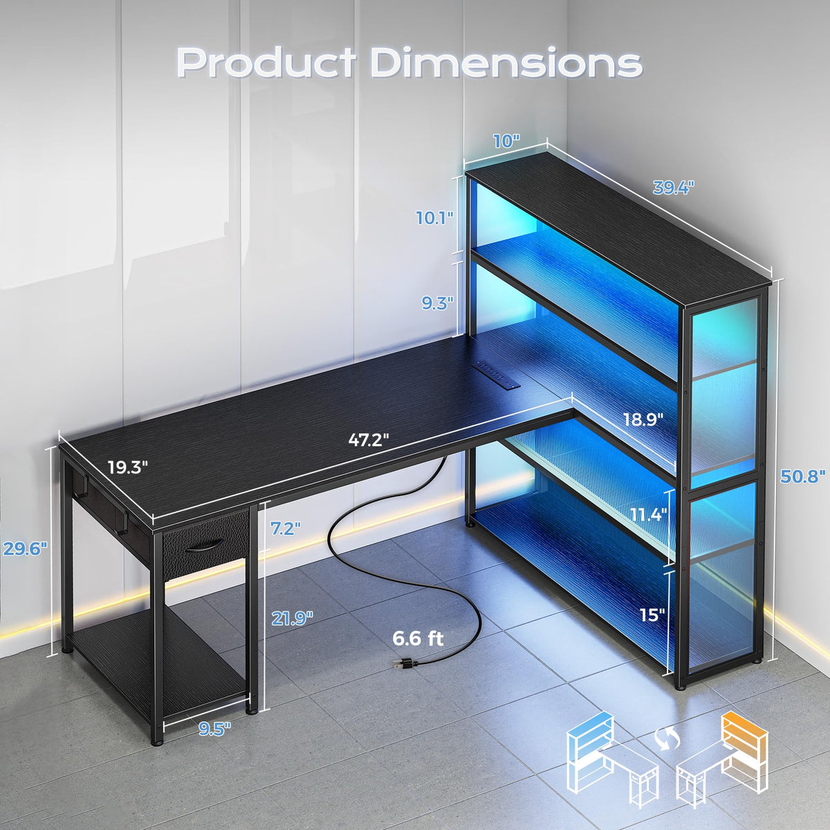 57 Inch L Shaped Gaming Computer Desk with Power Outlets G539150