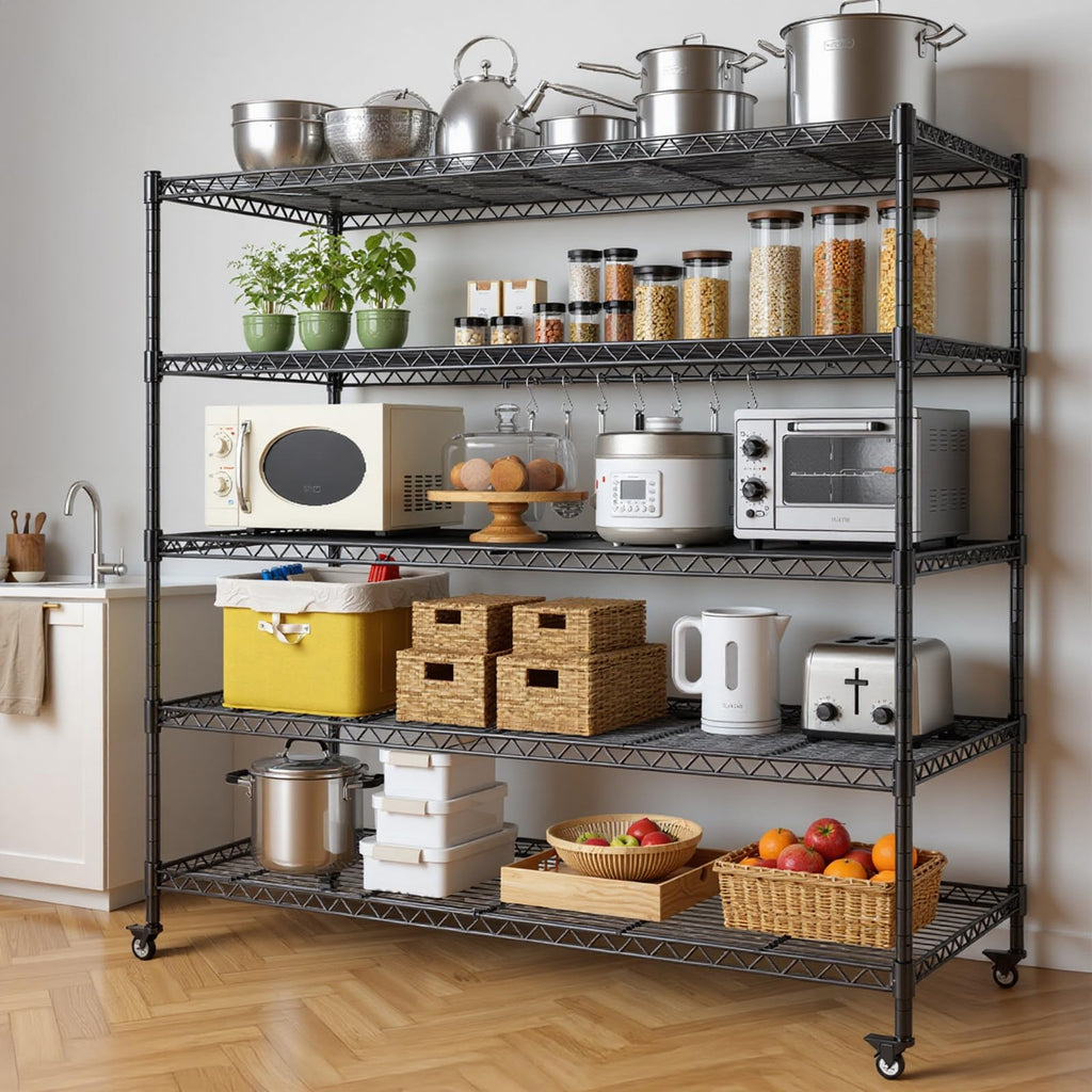 46”W 5 Tier Metal Wire Shelving with Wheels R944