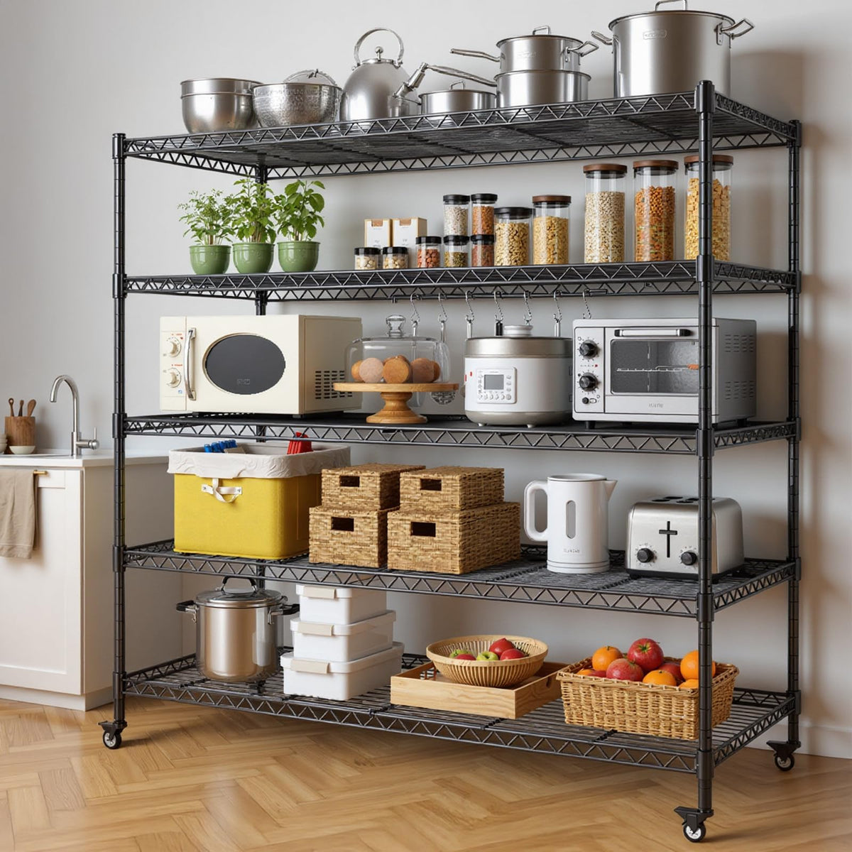 46”W 5 Tier Metal Wire Shelving with Wheels R944