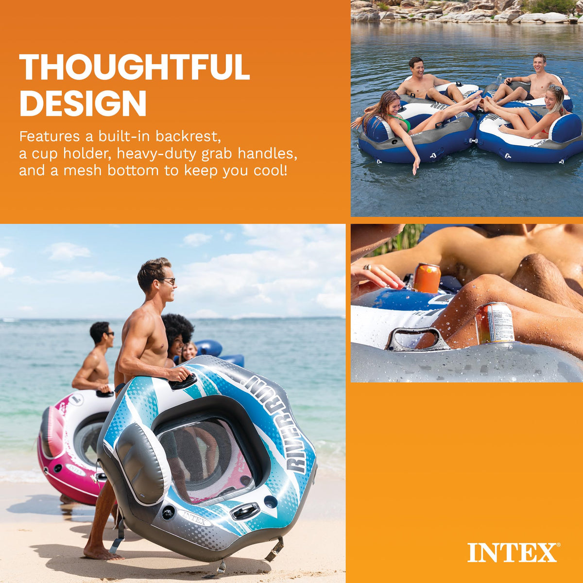 Single Person Inflatable Lounge Tube Chair with Mesh Bottom, Backrest, and Built in Cupholders W529434