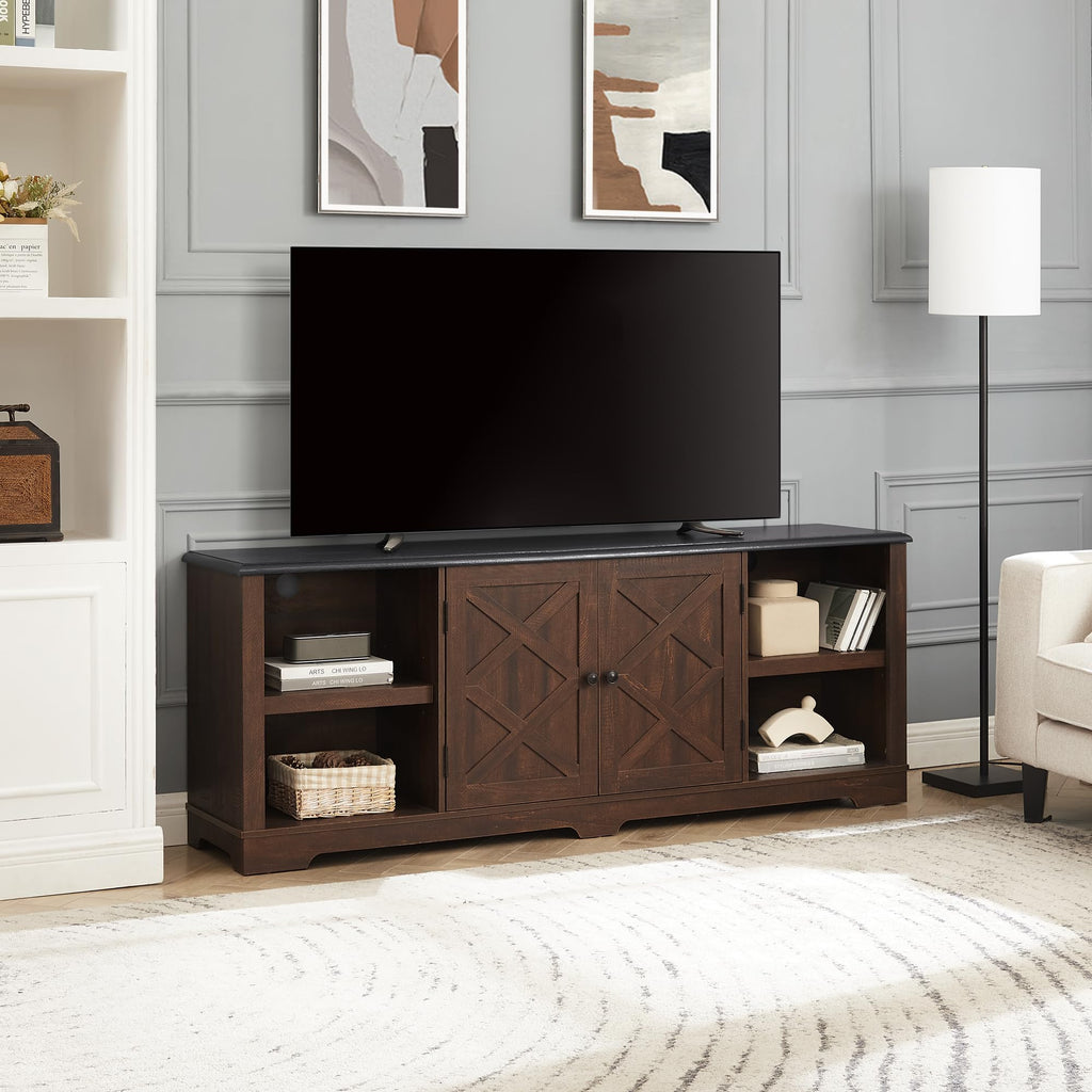 Espresso and Black TV Media Stand with Open Shelves and Closed Cabinets N120