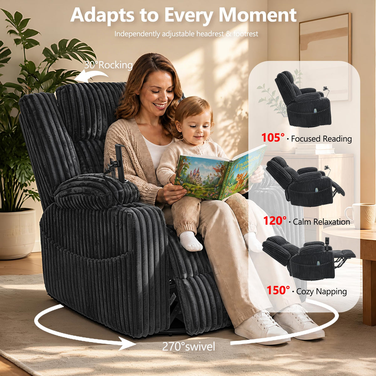 Oversized Power Swivel Rocker Recliner Chair with Vibration Massage & Heat, Dark Gray Corduroy T489299