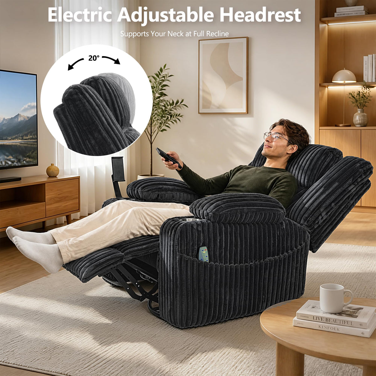 Oversized Power Swivel Rocker Recliner Chair with Vibration Massage & Heat, Dark Gray Corduroy T489299