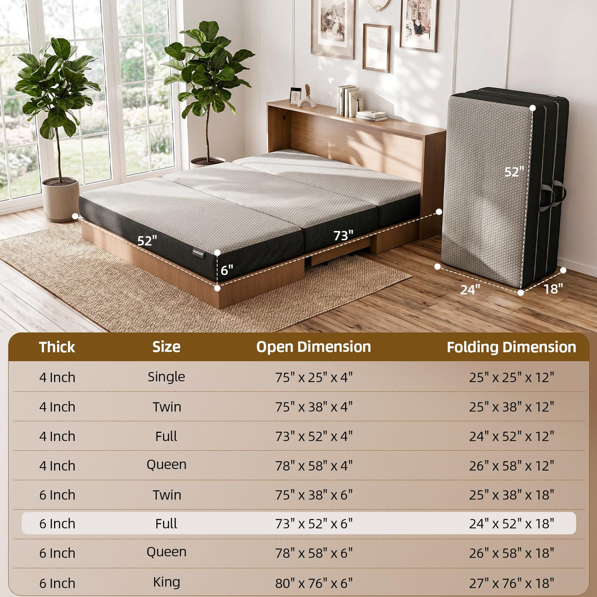 Memory Foam Trifold Mattress Full Size 6 Inch Grey C364462